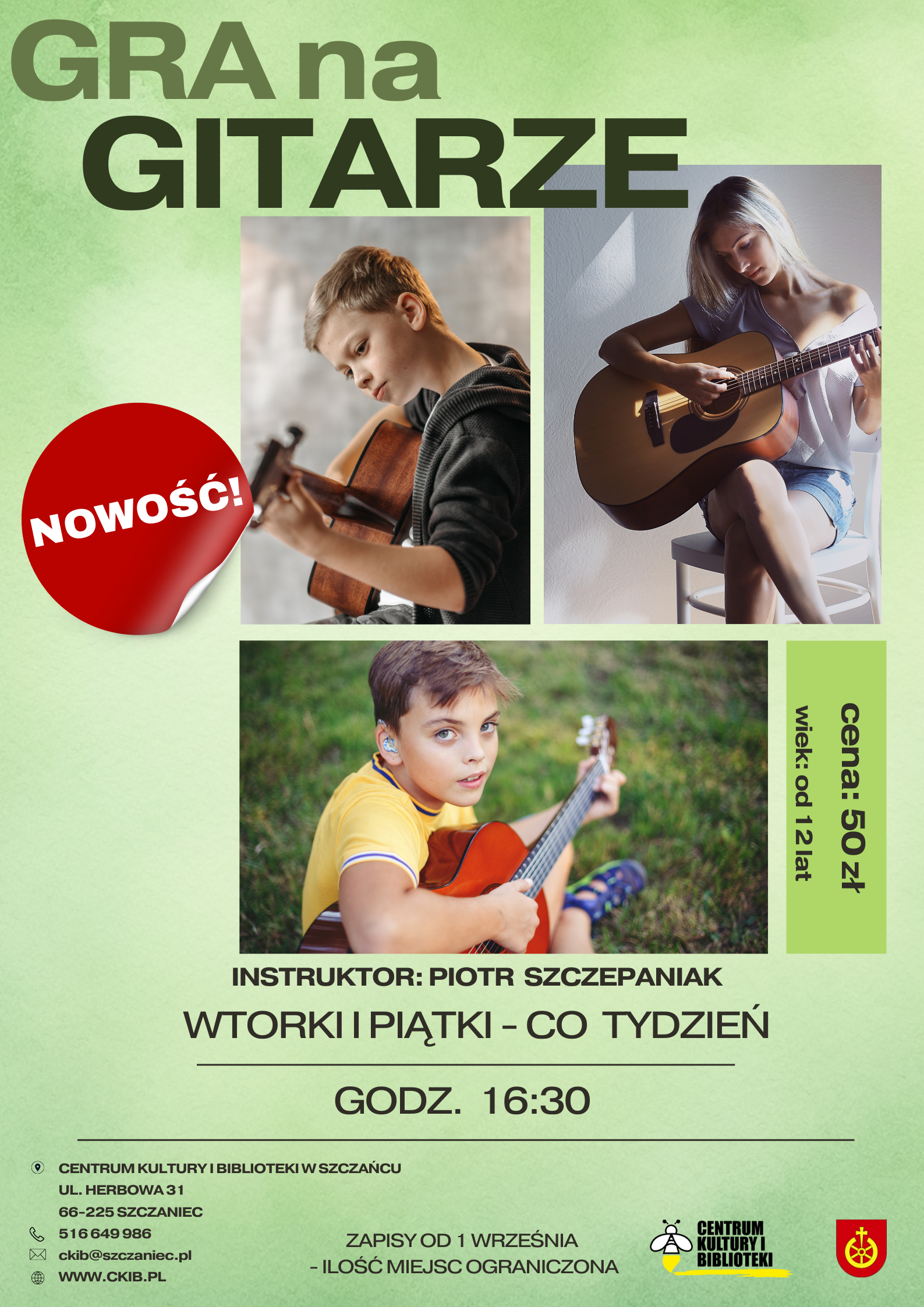 plakat informacyjny o zajęciach z gry na gitarze
